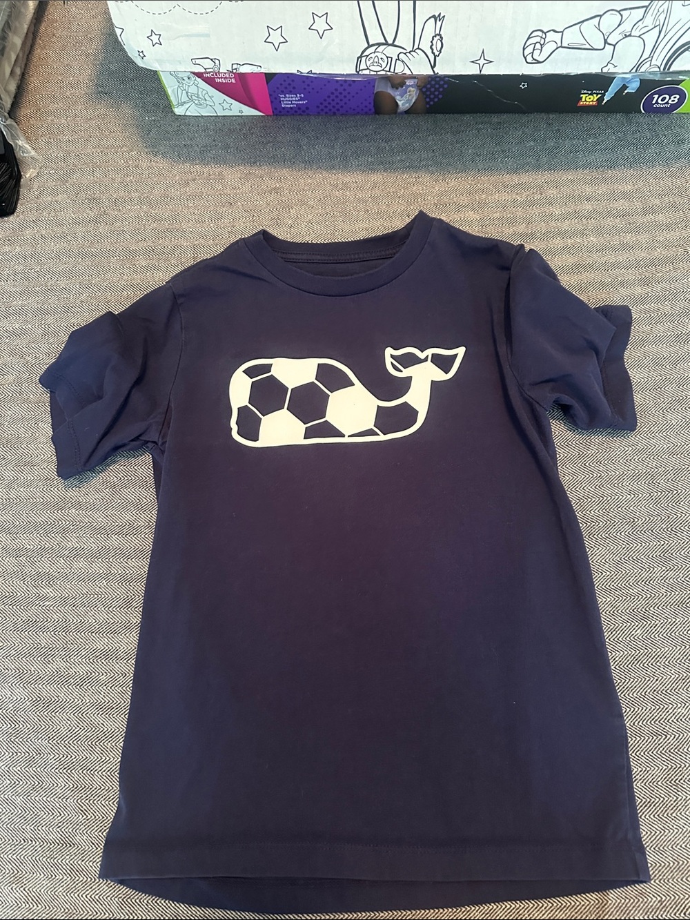 Vineyard Vines Navy Tee with White Soccer Whale Graphic